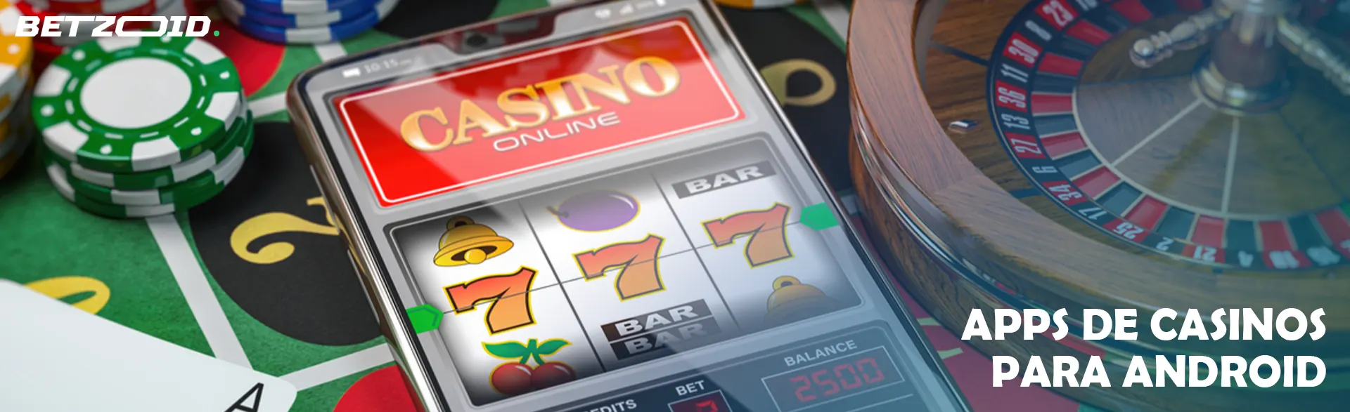 Un teléfono inteligente con un casino en línea en la pantalla rodeado de cartas, fichas y ruleta.