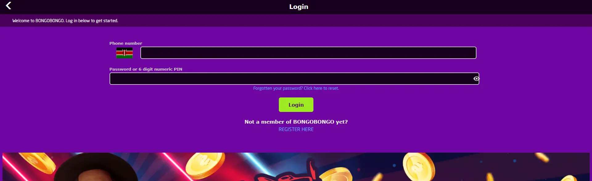 Registration field on the Bongobongo betting site.