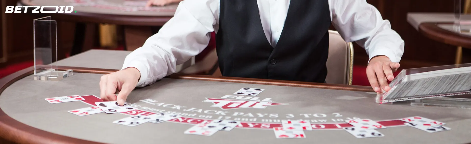 The dealer deals the cards on the blackjack table.