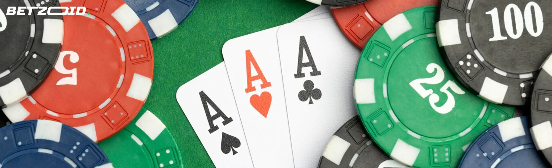 Three cards surrounded by casino chips.