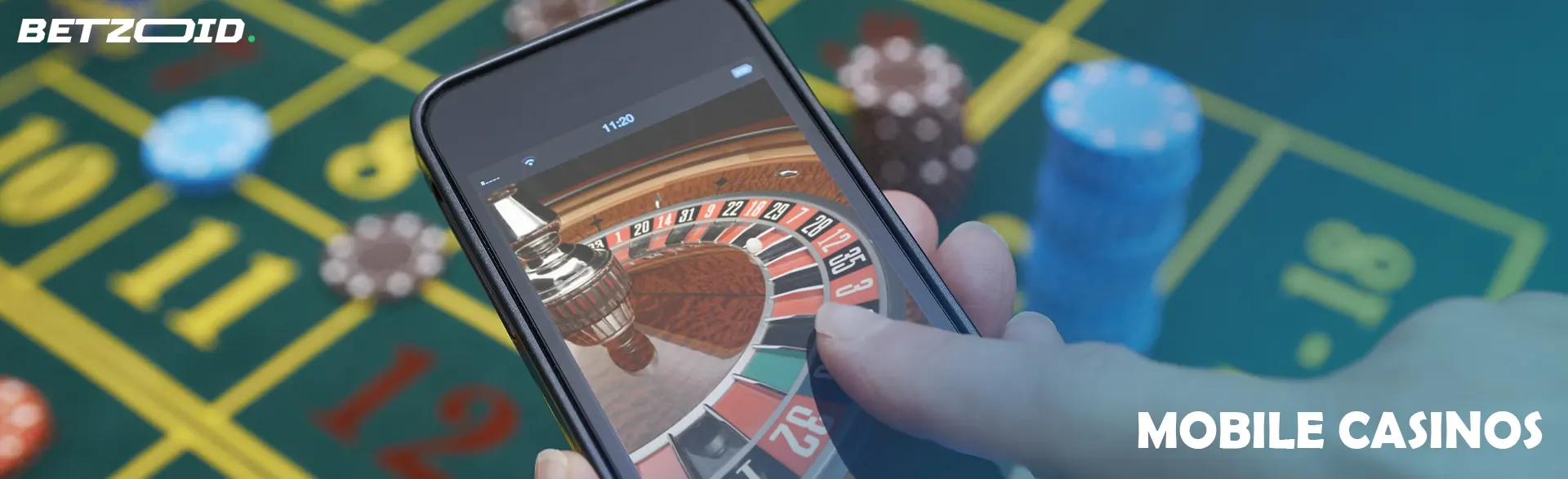 Man holding smartphone with mobile casino.