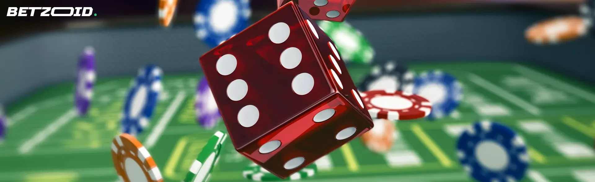 Virtual dice and chips in the air above the casino table.